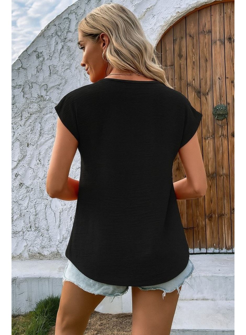 Kadın Kısa Kollu V Yakalı Düğmeli Keten Bluz