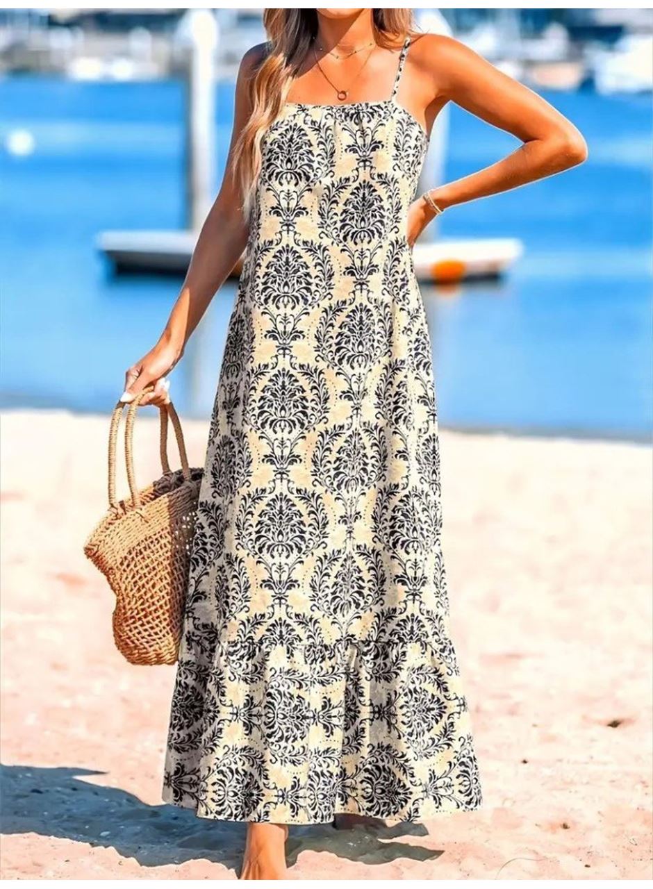 Kadın Ip Askılı Desenli Fırfırlı Süprem Elbise