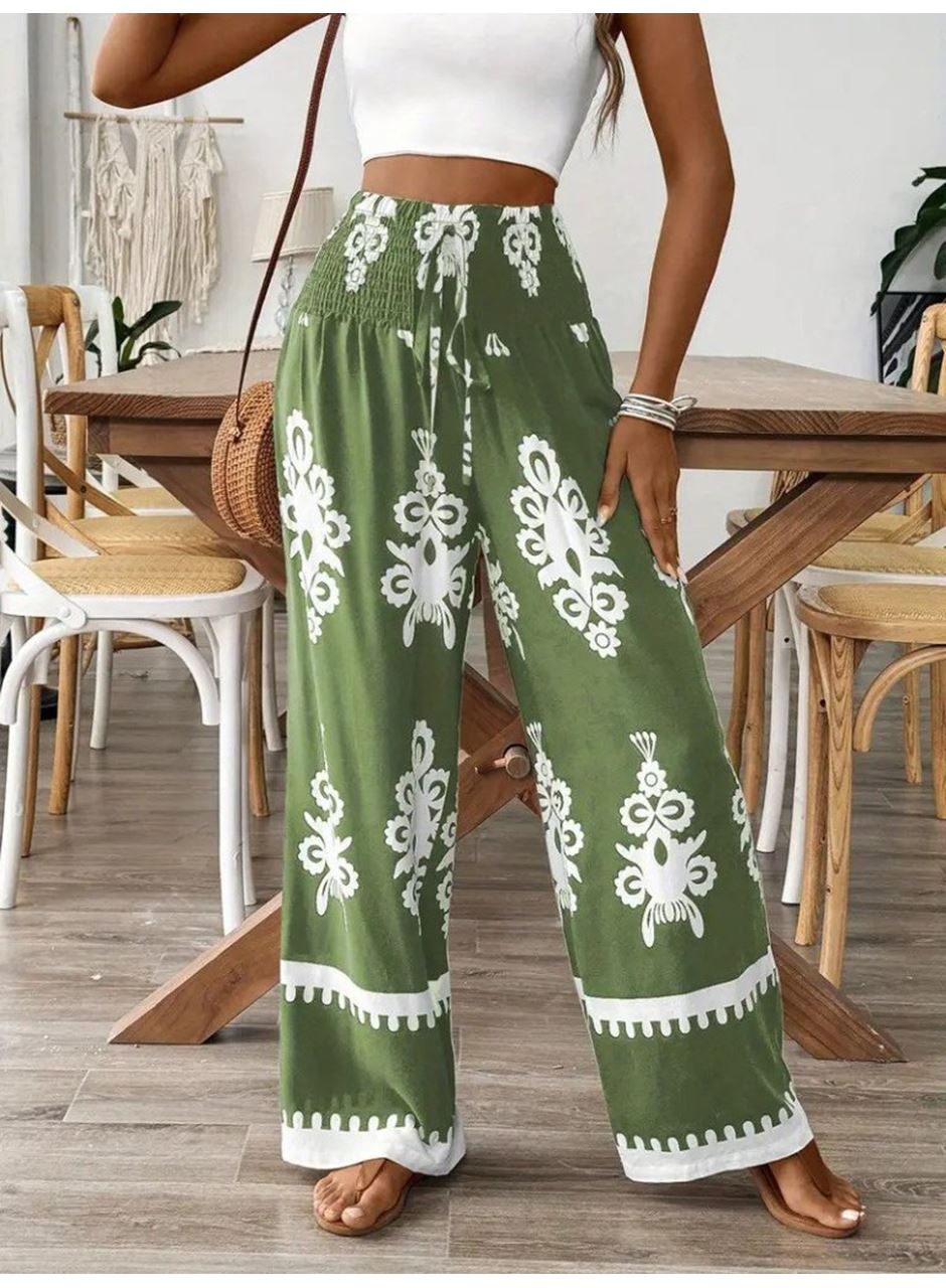 Kadın Yüksek Bel Büzgülü Etnik Desen Baskılı Süprem Pantolon