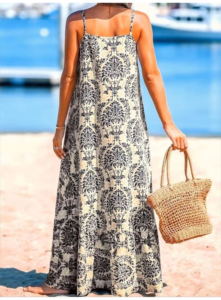 Kadın Ip Askılı Desenli Fırfırlı Süprem Elbise