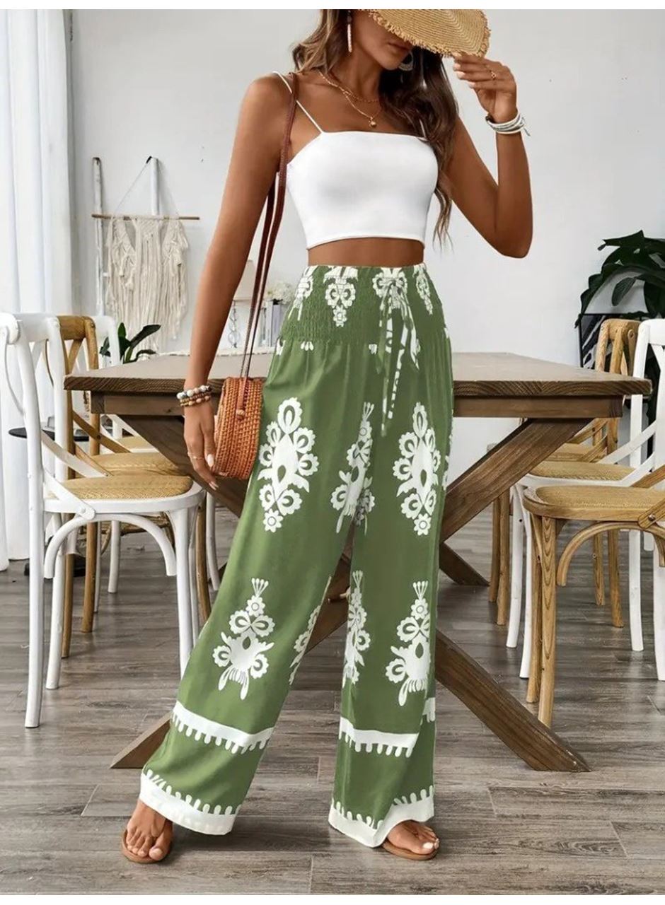 Kadın Yüksek Bel Büzgülü Etnik Desen Baskılı Süprem Pantolon