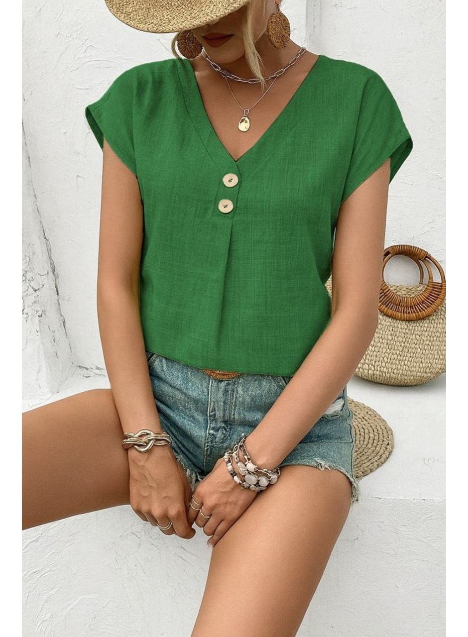 Kadın Kısa Kollu V Yakalı Düğmeli Keten Bluz