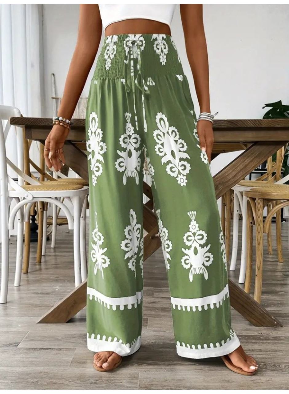 Kadın Yüksek Bel Büzgülü Etnik Desen Baskılı Süprem Pantolon