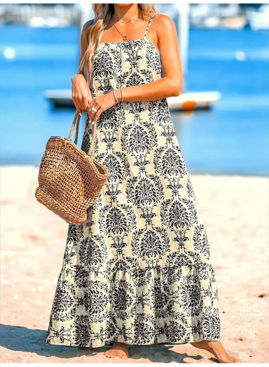 Kadın Ip Askılı Desenli Fırfırlı Süprem Elbise