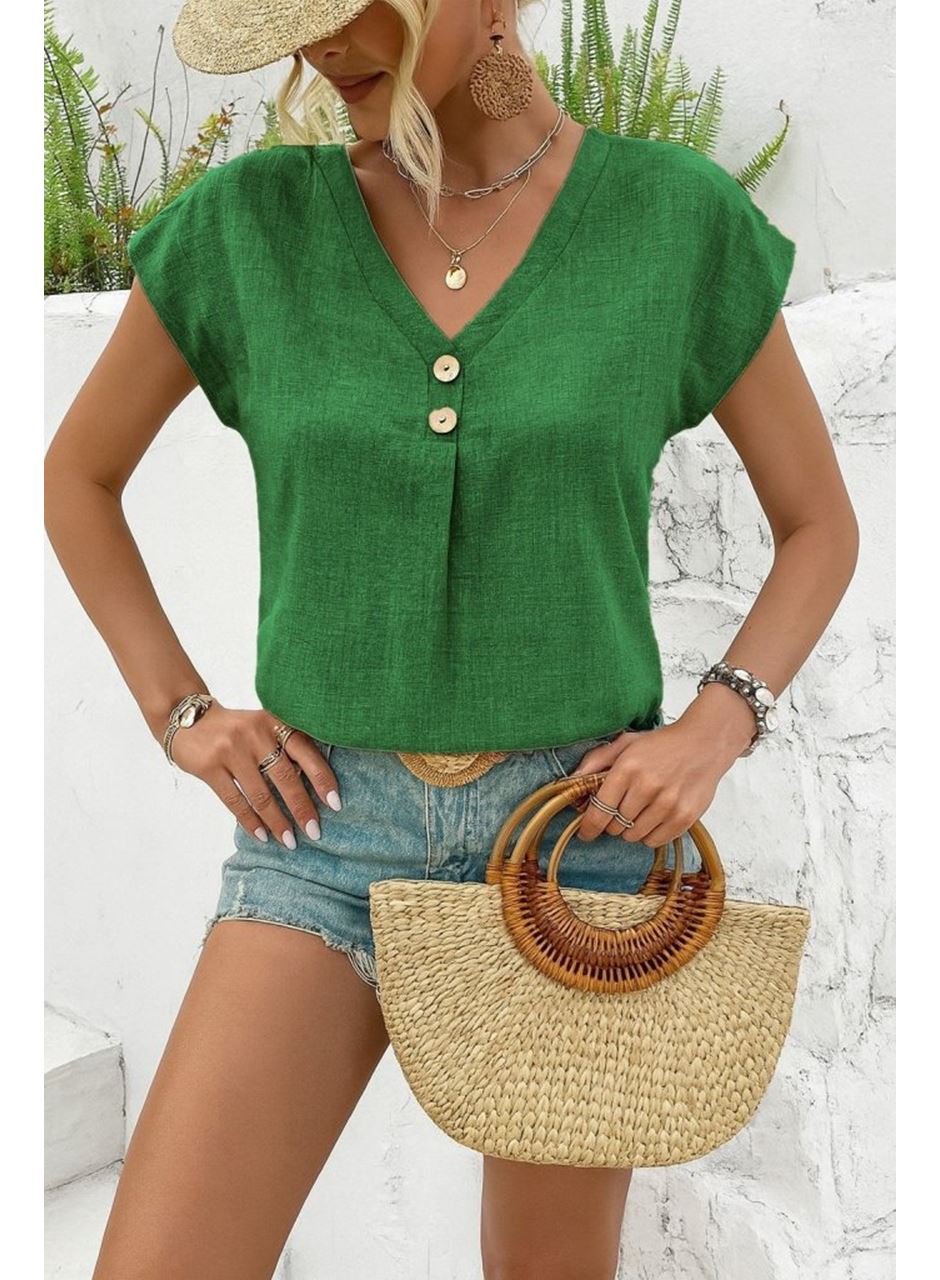 Kadın Kısa Kollu V Yakalı Düğmeli Keten Bluz