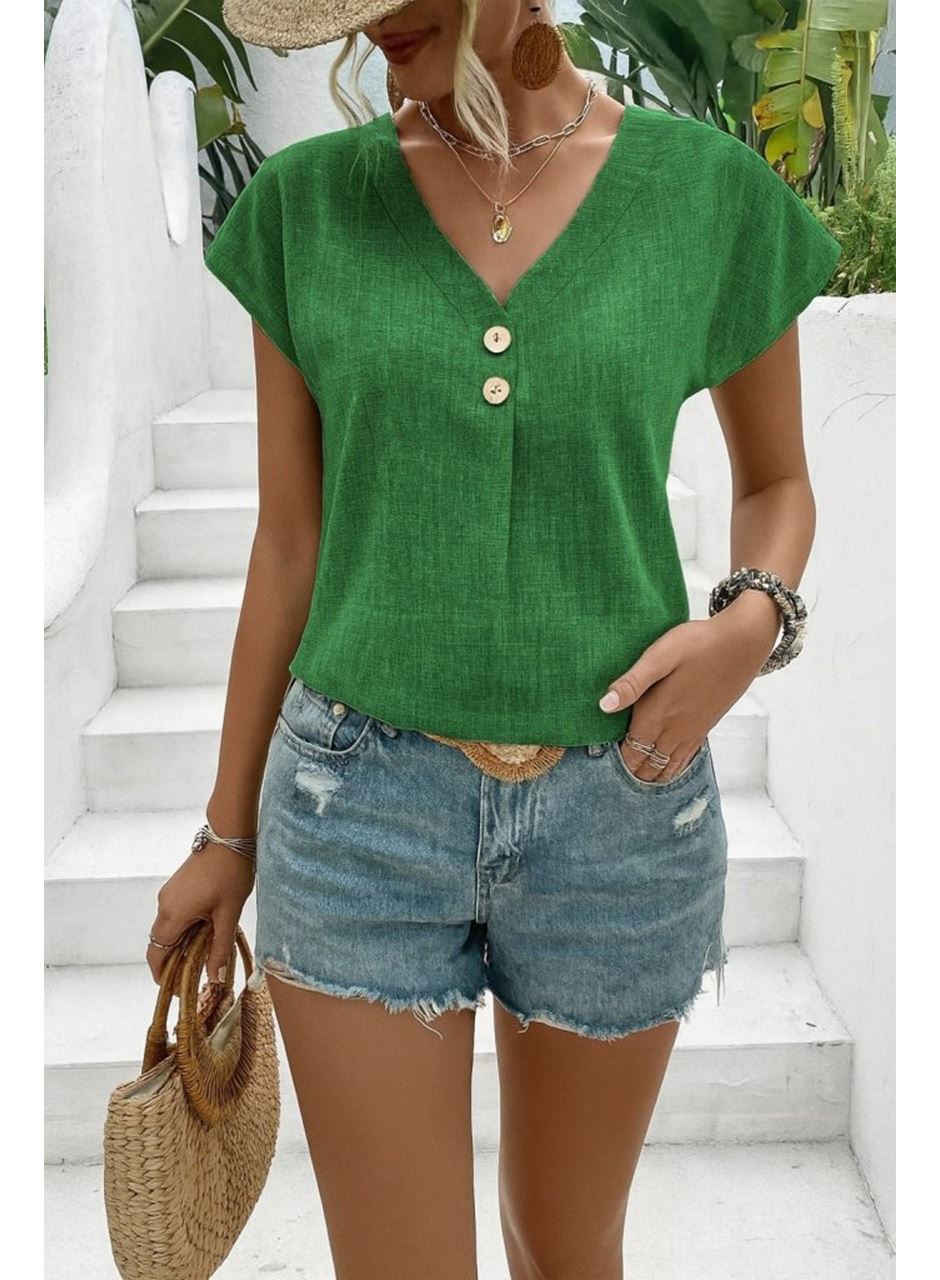 Kadın Kısa Kollu V Yakalı Düğmeli Keten Bluz