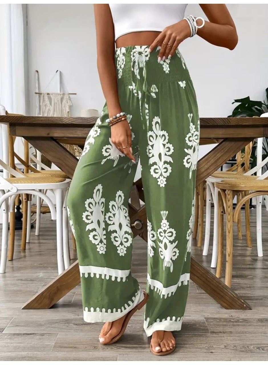 Kadın Yüksek Bel Büzgülü Etnik Desen Baskılı Süprem Pantolon