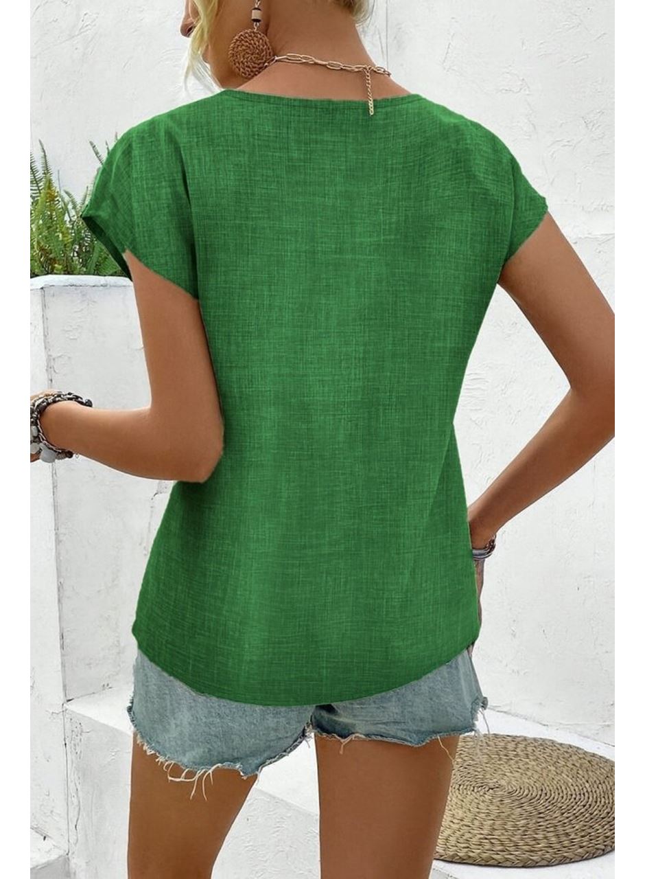 Kadın Kısa Kollu V Yakalı Düğmeli Keten Bluz