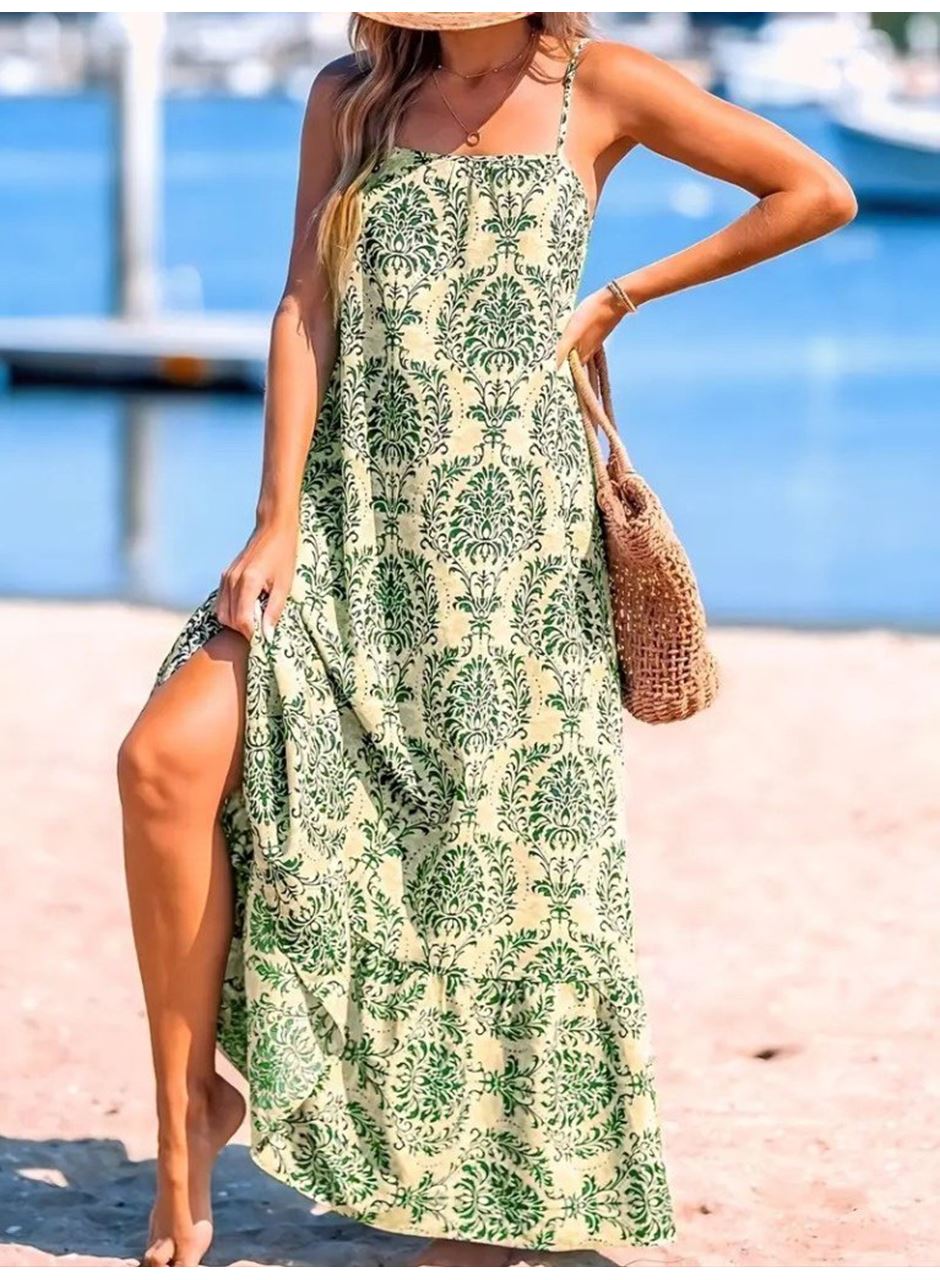 Kadın Ip Askılı Desenli Fırfırlı Süprem Elbise