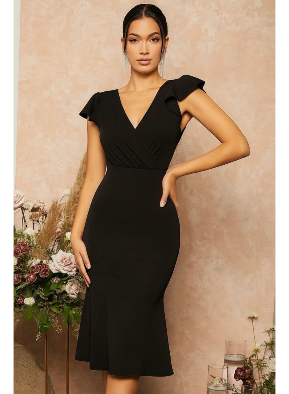 Kadın Kısa Kelebek Kollu Kruvaze Yaka Ithal Krep Midi Elbise