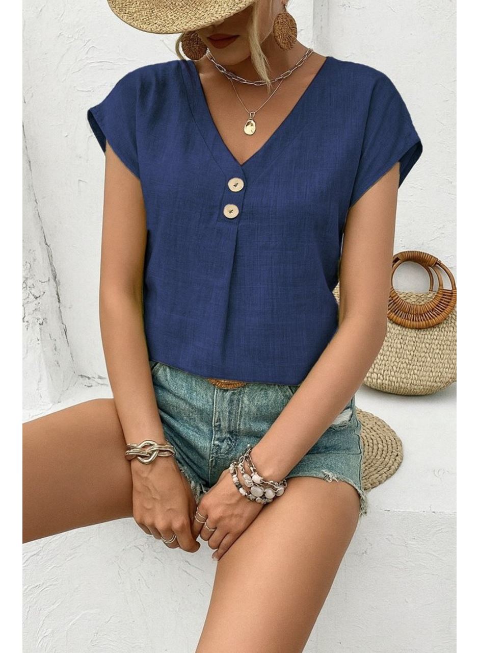 Kadın Kısa Kollu V Yakalı Düğmeli Keten Bluz