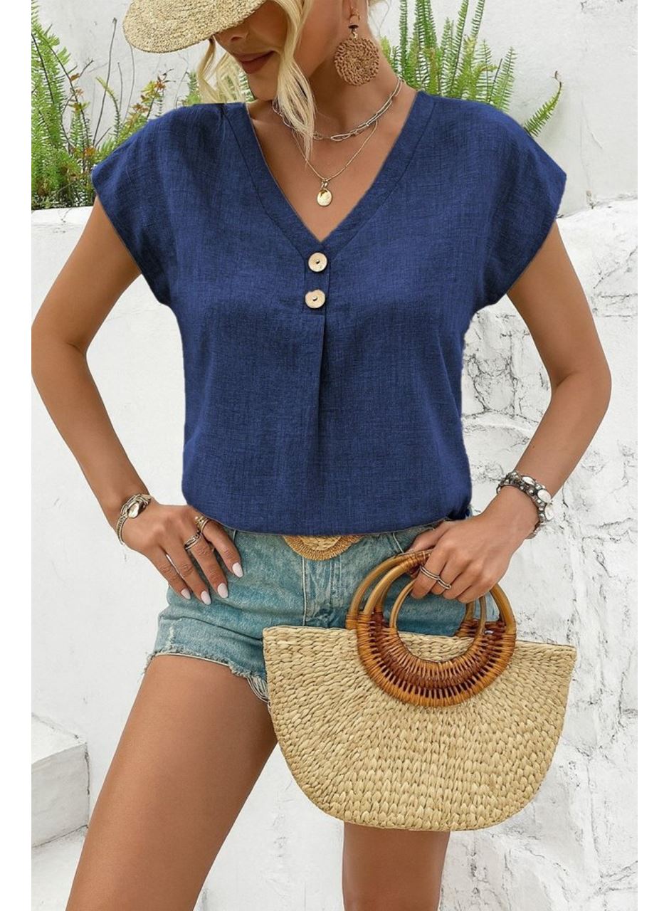 Kadın Kısa Kollu V Yakalı Düğmeli Keten Bluz