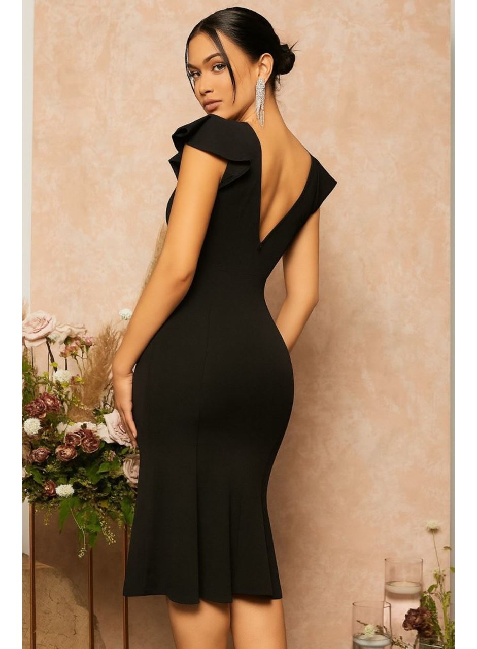 Kadın Kısa Kelebek Kollu Kruvaze Yaka Ithal Krep Midi Elbise