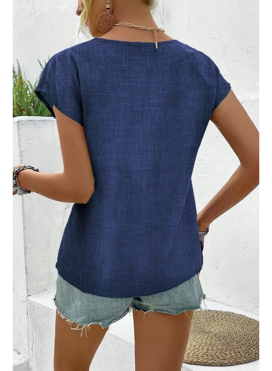 Kadın Kısa Kollu V Yakalı Düğmeli Keten Bluz