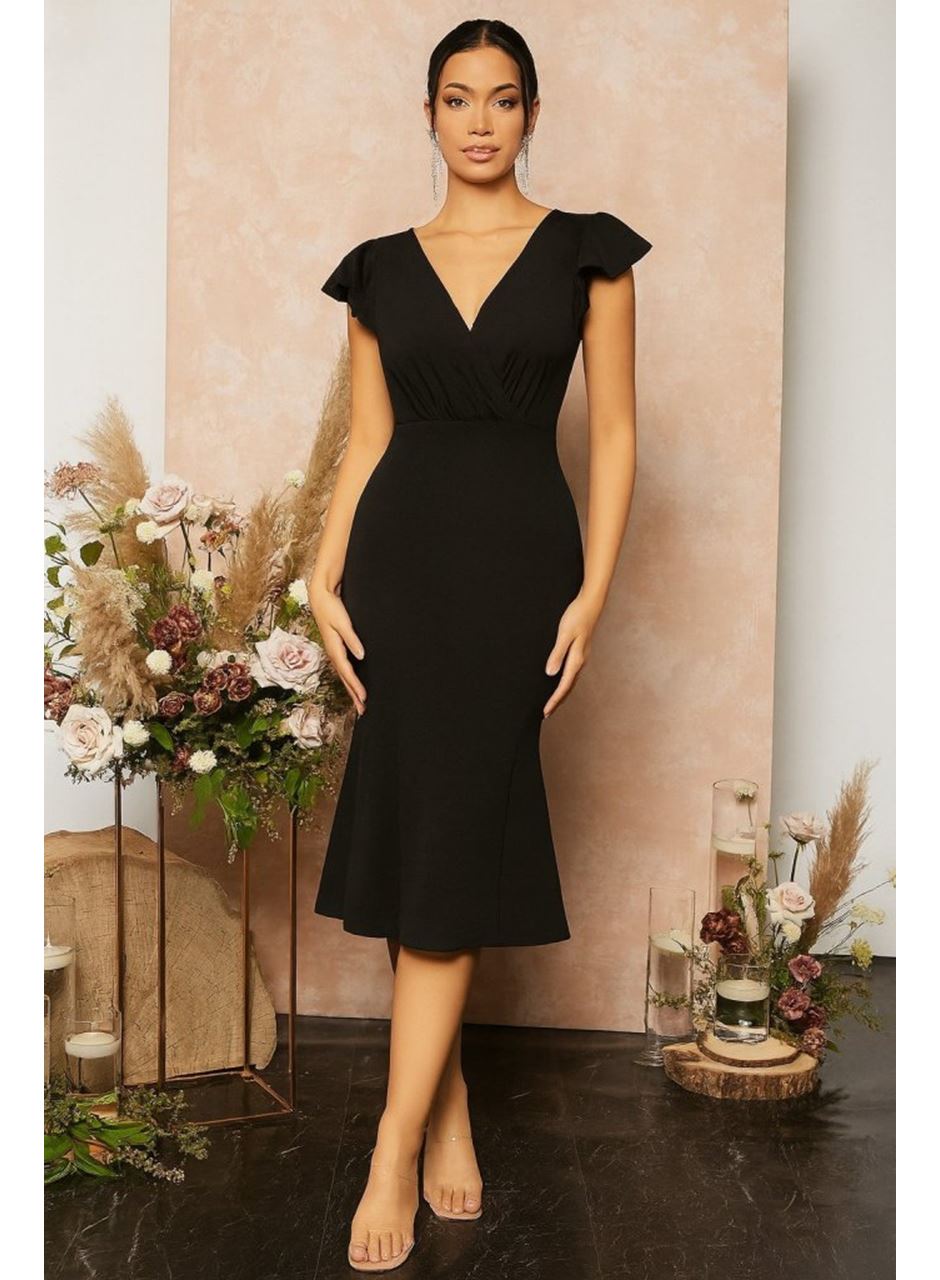 Kadın Kısa Kelebek Kollu Kruvaze Yaka Ithal Krep Midi Elbise