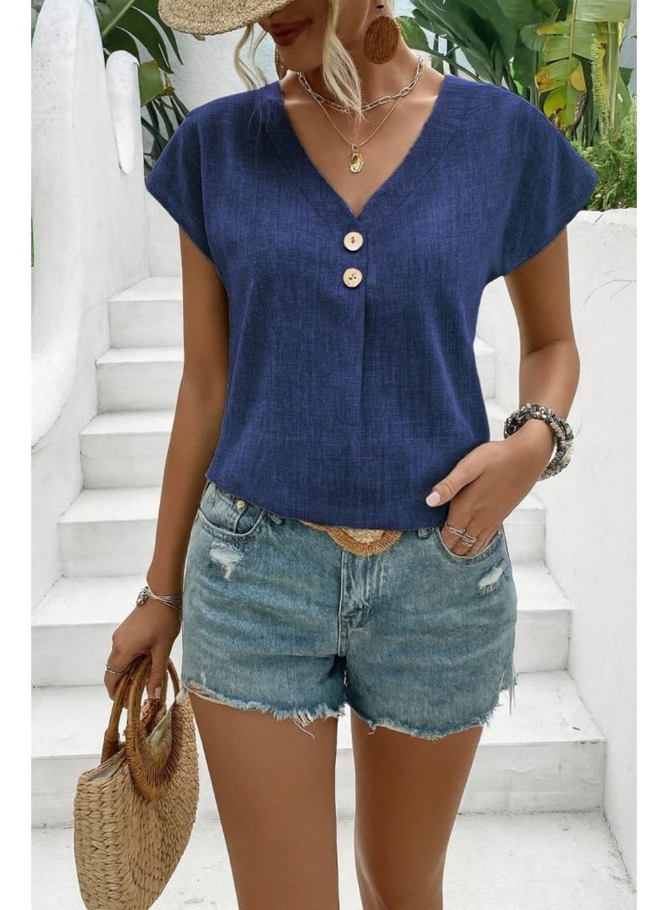 Kadın Kısa Kollu V Yakalı Düğmeli Keten Bluz
