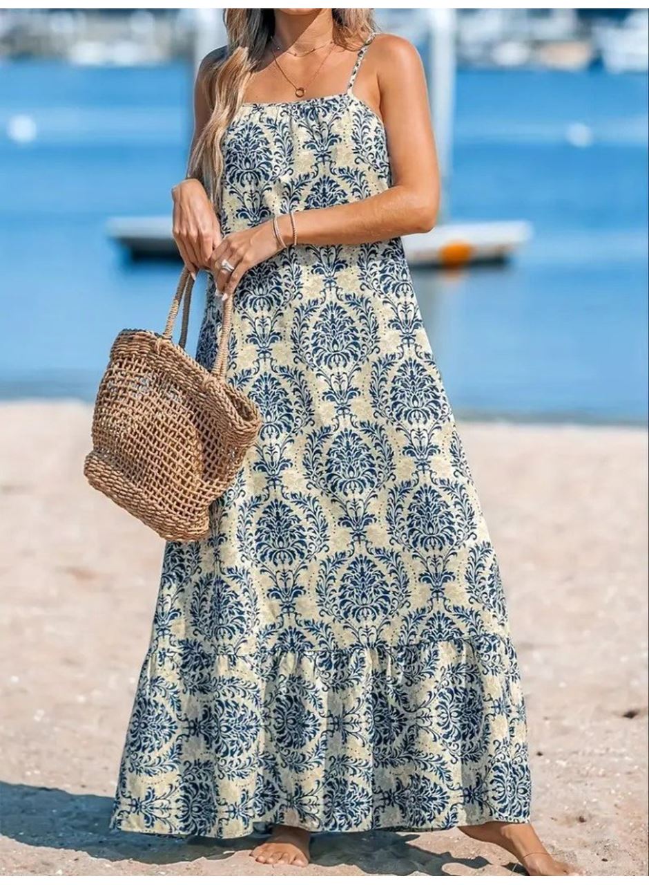 Kadın Ip Askılı Desenli Fırfırlı Süprem Elbise