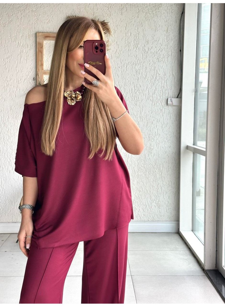 Kadın Tek Omuzdan Açık Geniş Kesim Viskon Iki Iplik Bluz Ve Pantolon Ikili Takım