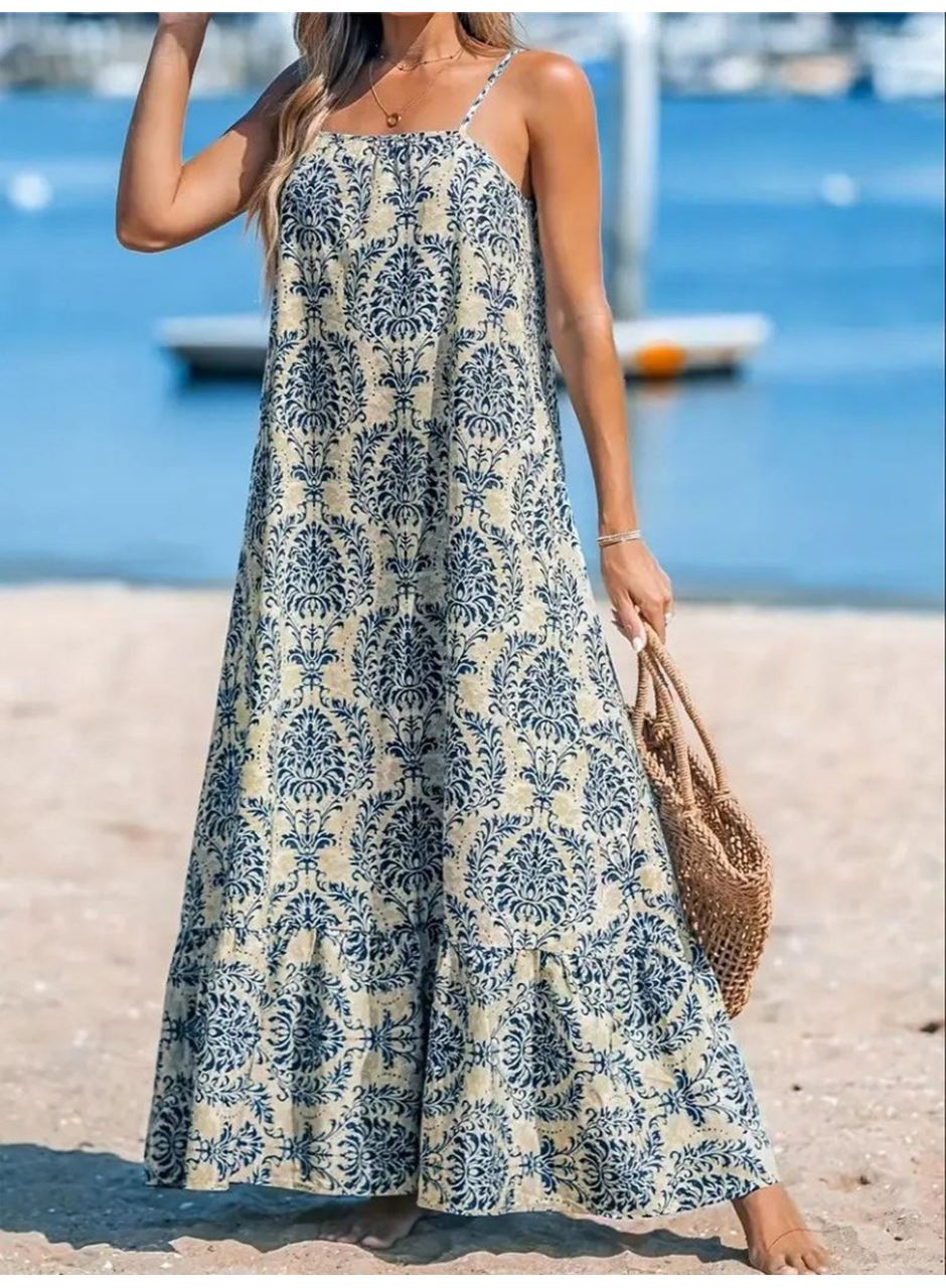 Kadın Ip Askılı Desenli Fırfırlı Süprem Elbise