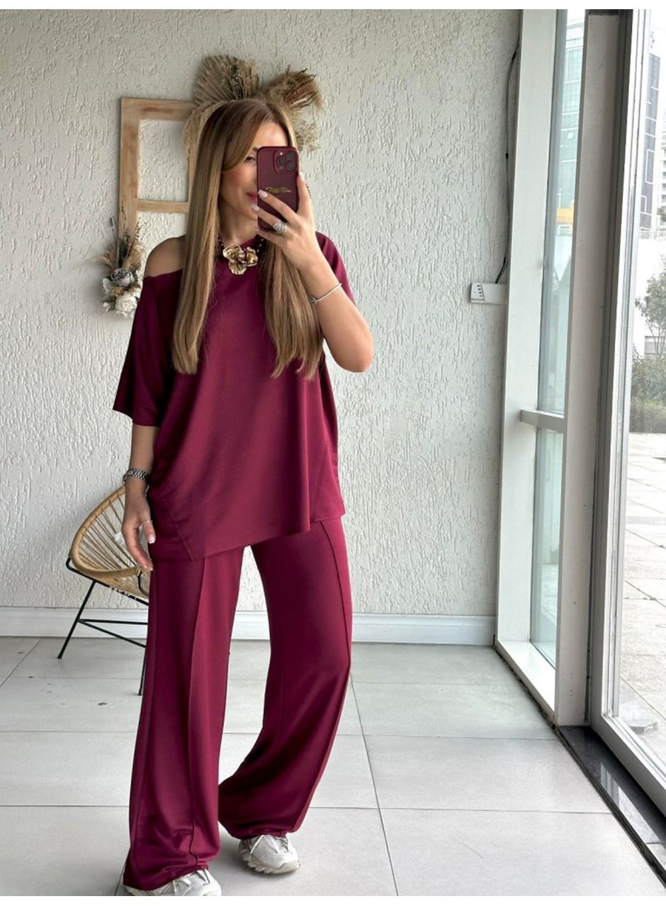 Kadın Tek Omuzdan Açık Geniş Kesim Viskon Iki Iplik Bluz Ve Pantolon Ikili Takım