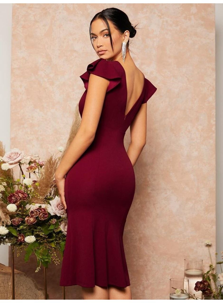 Kadın Kısa Kelebek Kollu Kruvaze Yaka Ithal Krep Midi Elbise