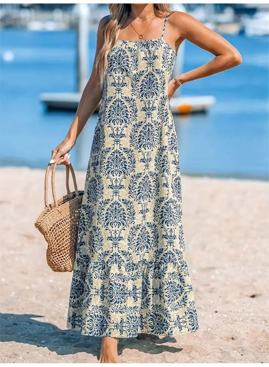 Kadın Ip Askılı Desenli Fırfırlı Süprem Elbise