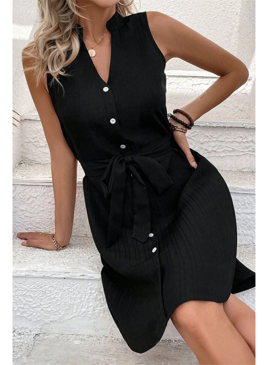 Kadın Sıfır Kollu Hakim Yaka önden Düğmeli Belden Kuşaklı Ithal Keten Elbise