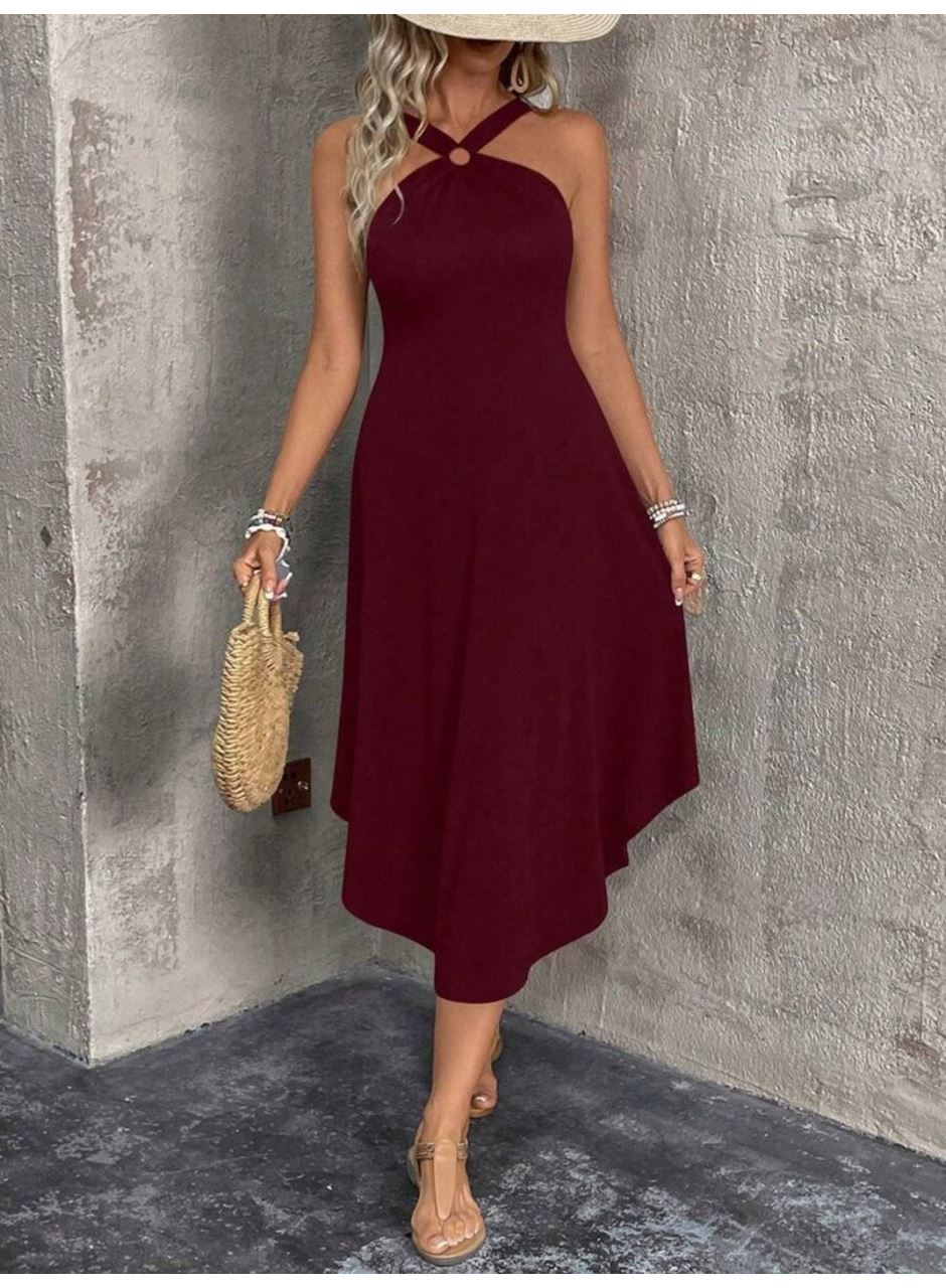 Kadın Boyundan çapraz Askılı Halka Detaylı Asimetrik Kesim Viskon Elbise