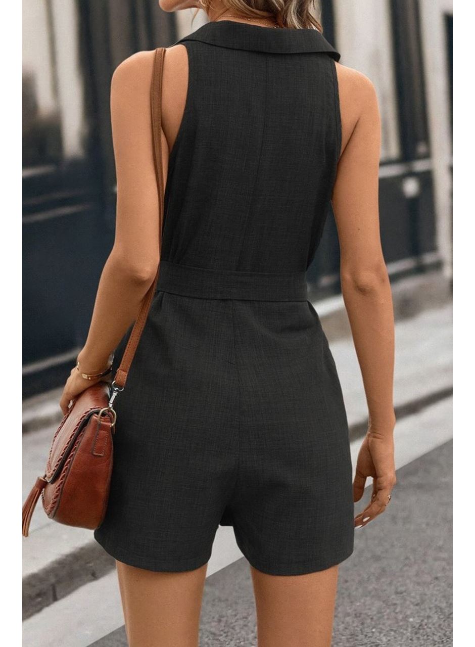 Kadın Sıfır Kollu Yakalı Düğmeli Belden Kuşaklı Kısa Keten Tulum