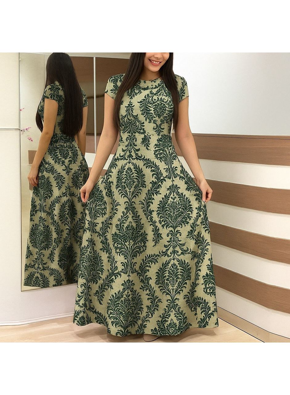 Kadın Kısa Kollu Bisiklet Yaka Puantiyeli Maksi örme Krep Elbise