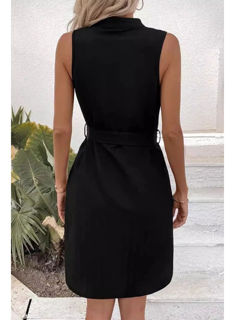 Kadın Sıfır Kollu Hakim Yaka önden Düğmeli Belden Kuşaklı Ithal Keten Elbise