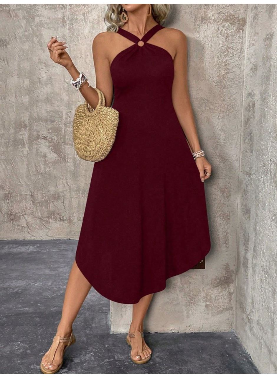 Kadın Boyundan çapraz Askılı Halka Detaylı Asimetrik Kesim Viskon Elbise