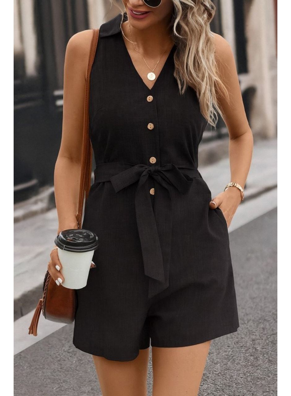 Kadın Sıfır Kollu Yakalı Düğmeli Belden Kuşaklı Kısa Keten Tulum