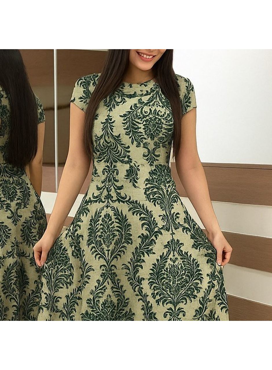 Kadın Kısa Kollu Bisiklet Yaka Puantiyeli Maksi örme Krep Elbise