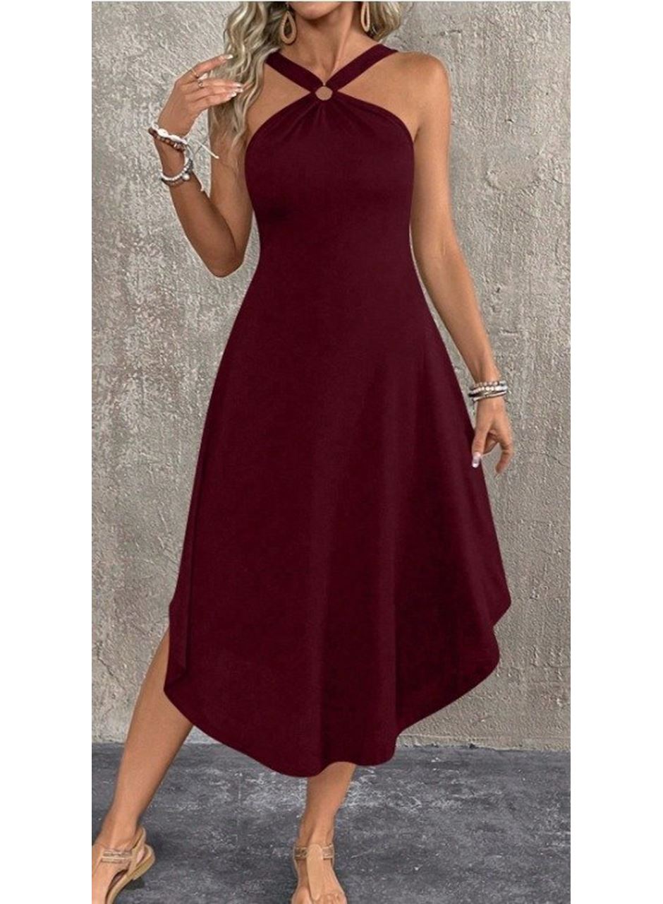 Kadın Boyundan çapraz Askılı Halka Detaylı Asimetrik Kesim Viskon Elbise