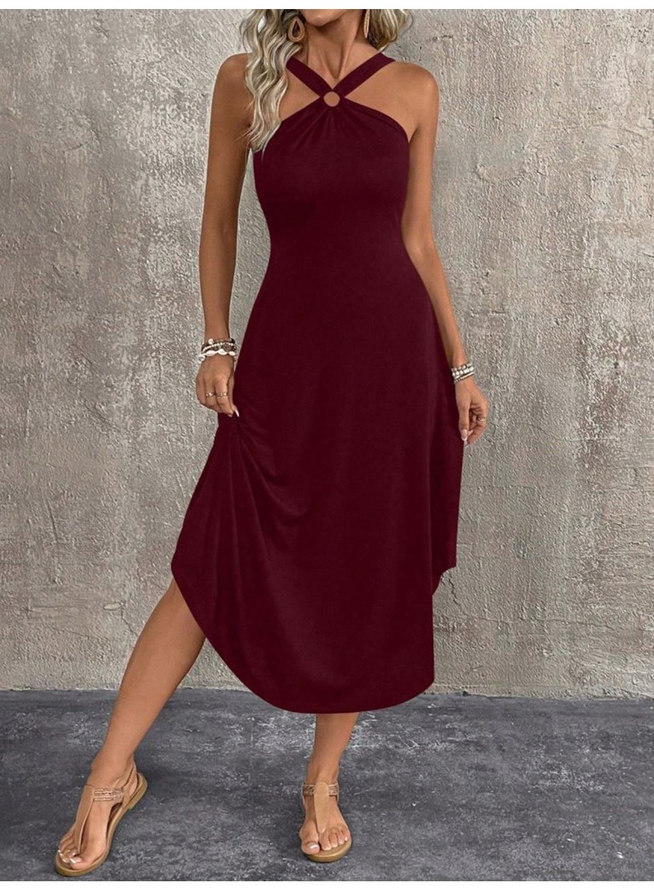 Kadın Boyundan çapraz Askılı Halka Detaylı Asimetrik Kesim Viskon Elbise