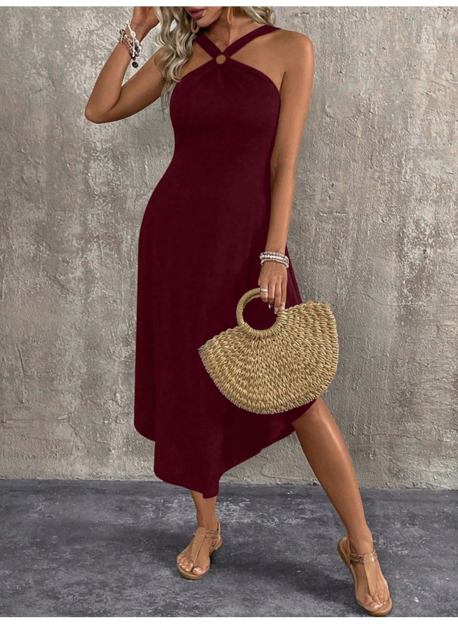 Kadın Boyundan çapraz Askılı Halka Detaylı Asimetrik Kesim Viskon Elbise