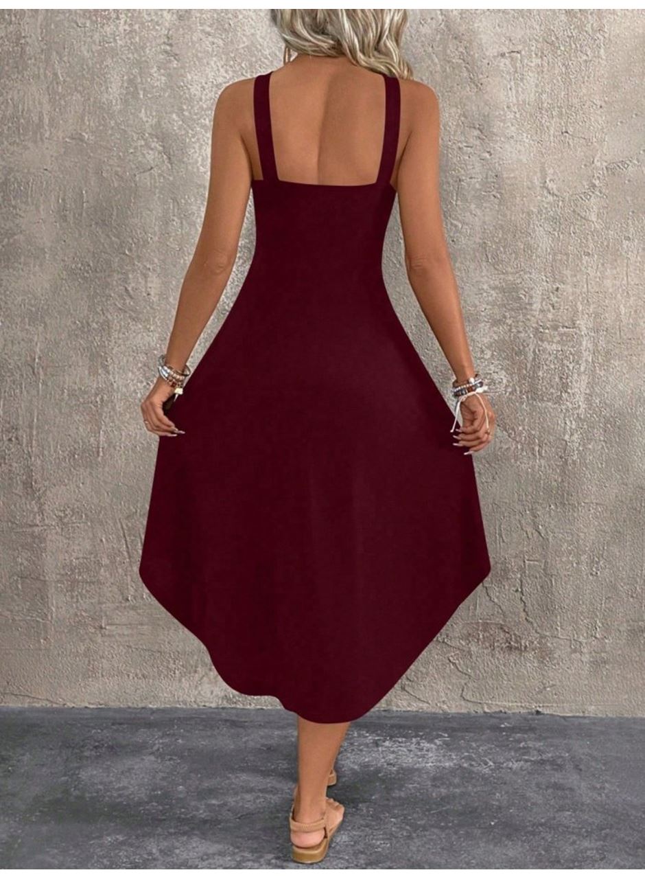 Kadın Boyundan çapraz Askılı Halka Detaylı Asimetrik Kesim Viskon Elbise