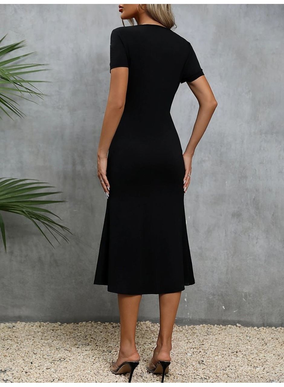 Kadın Kısa Kollu Kare Yakalı Ip Detaylı Janjan Krep Elbise