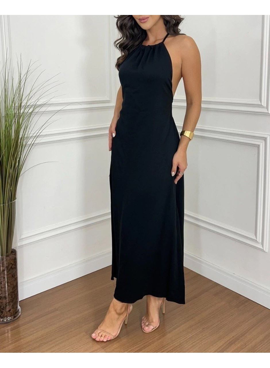 Kadın Boyundan Askılı Halter Kollu Viskon Elbise