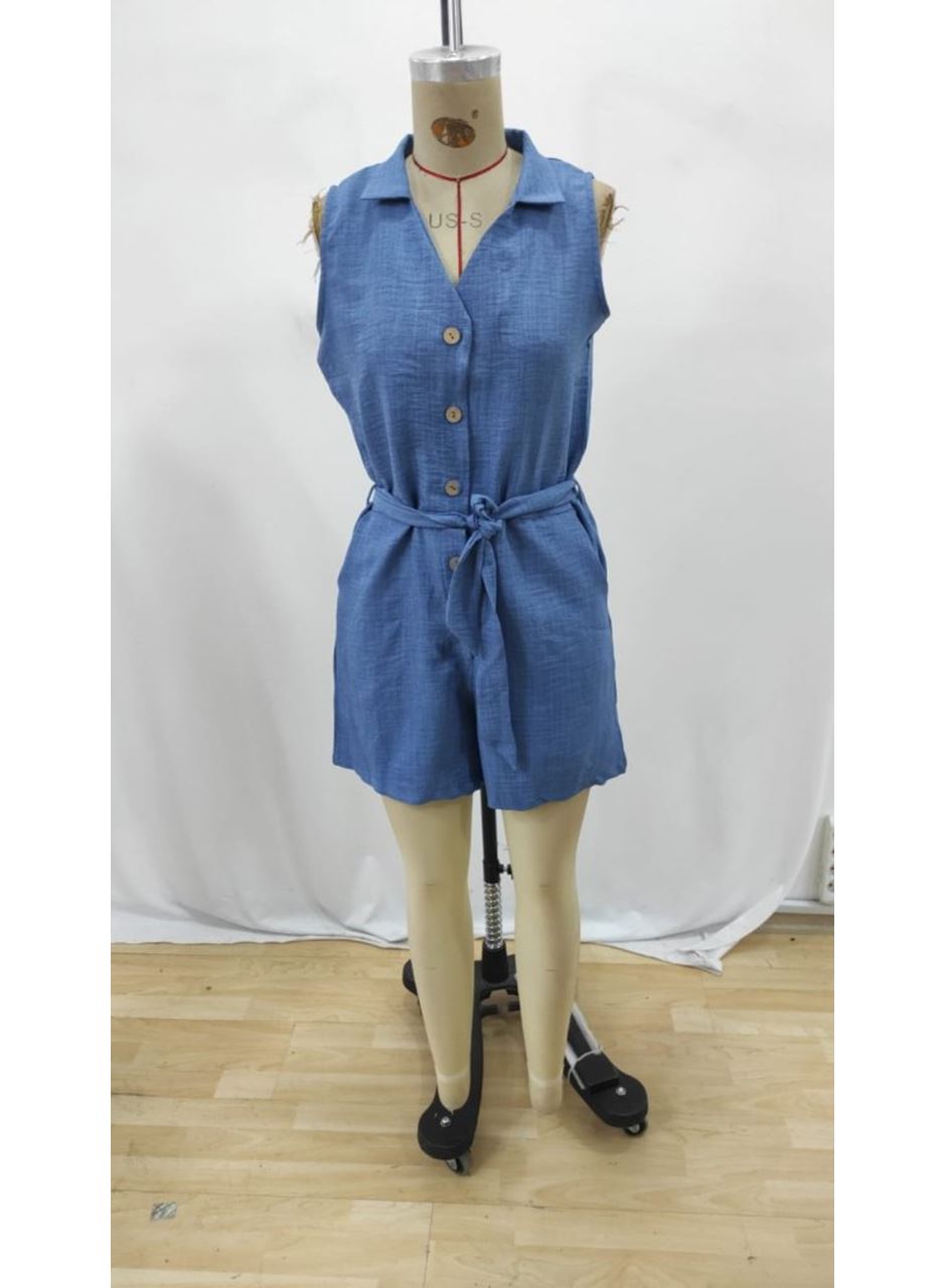 Kadın Sıfır Kollu Yakalı Düğmeli Belden Kuşaklı Kısa Keten Tulum