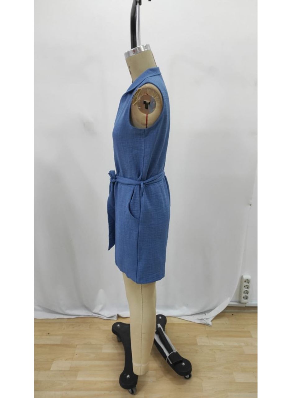 Kadın Sıfır Kollu Yakalı Düğmeli Belden Kuşaklı Kısa Keten Tulum