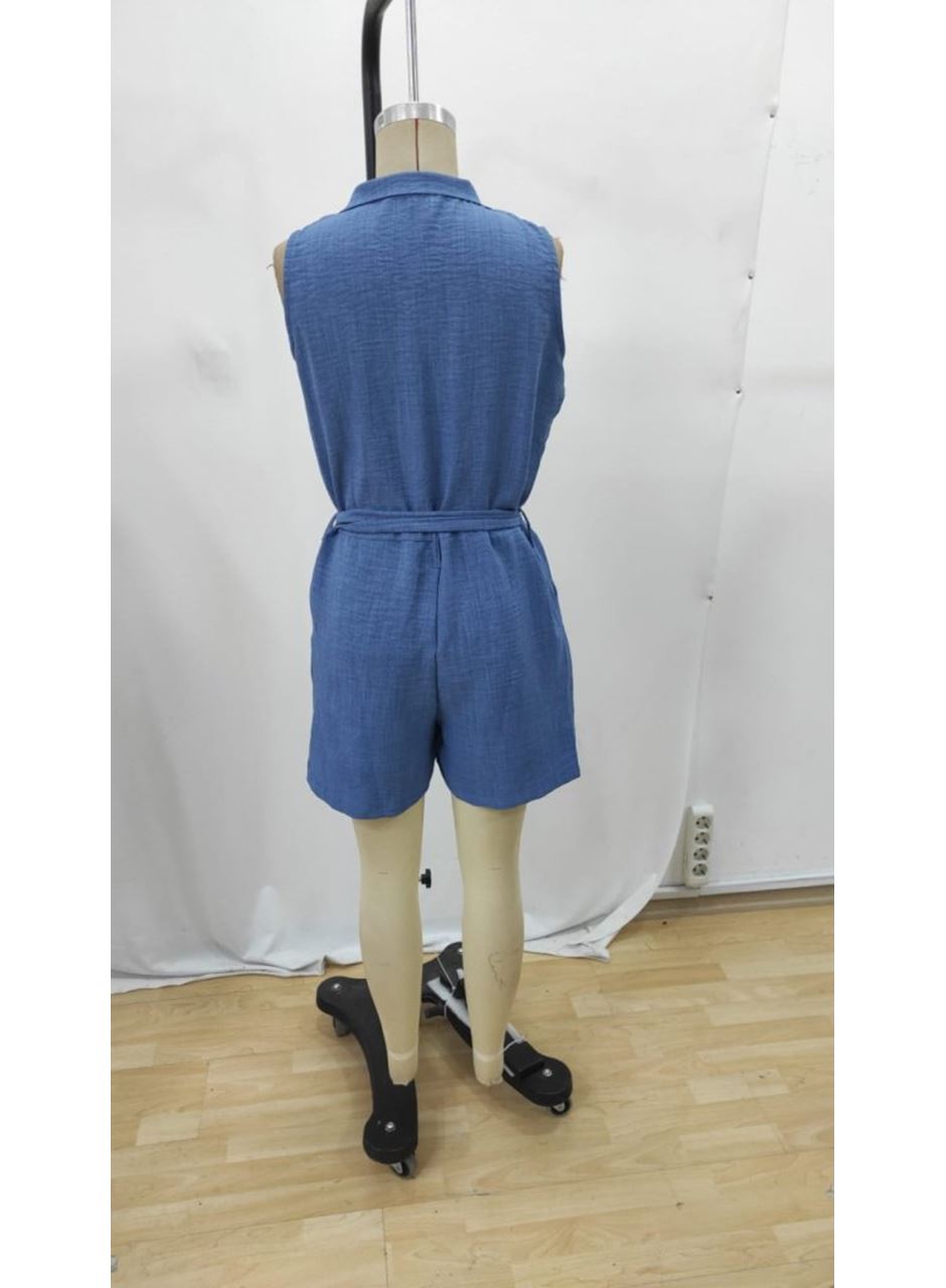 Kadın Sıfır Kollu Yakalı Düğmeli Belden Kuşaklı Kısa Keten Tulum