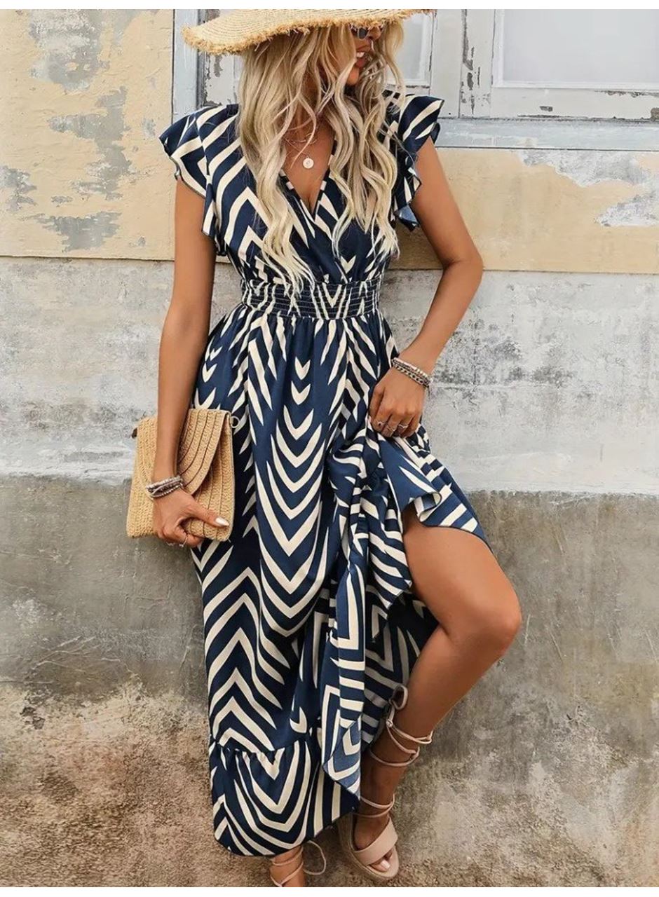 Kadın Kısa Kollu Kruvaze Yakalı Fırfırlı Süprem Elbise