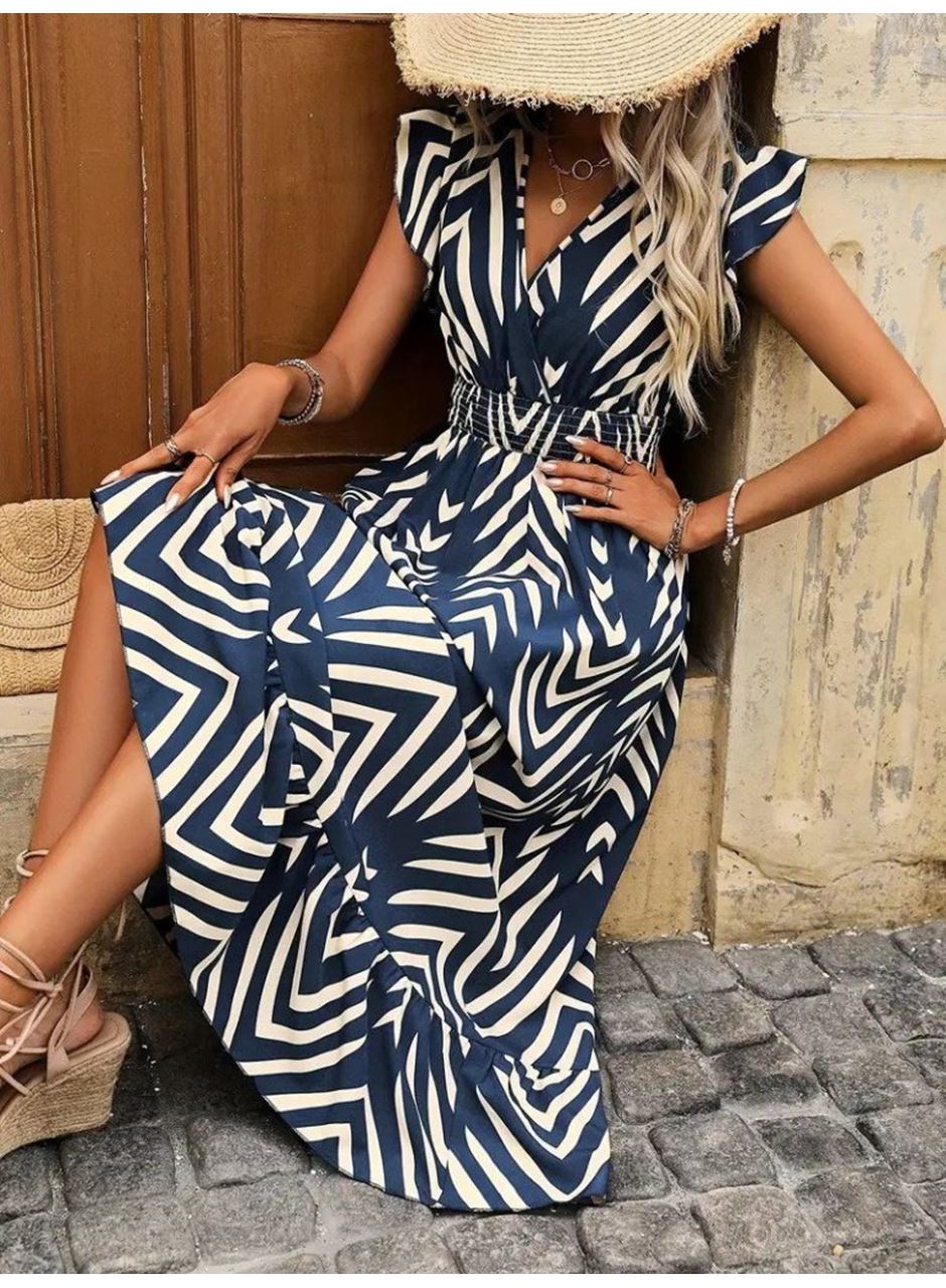 Kadın Kısa Kollu Kruvaze Yakalı Fırfırlı Süprem Elbise