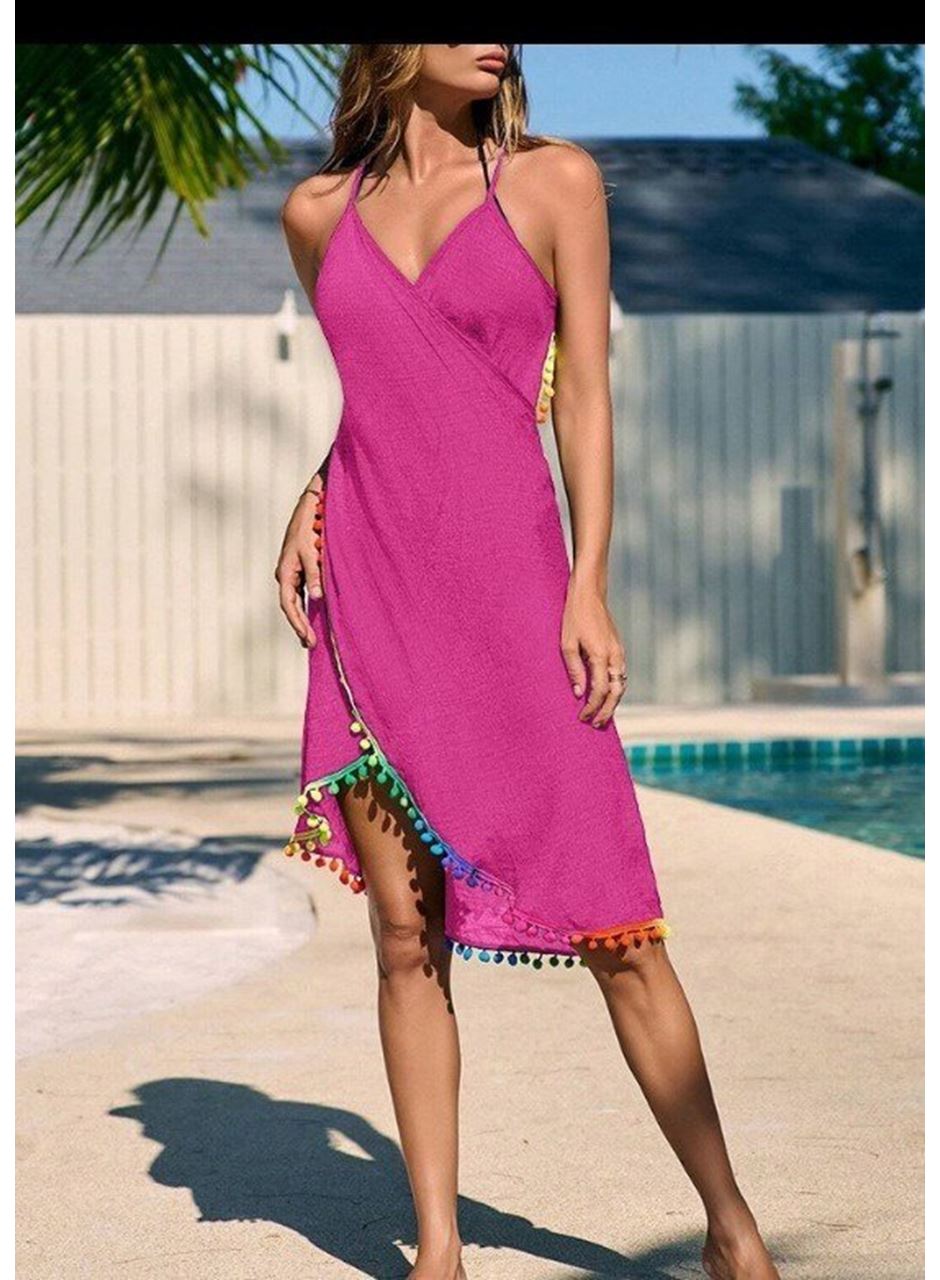 Kadın Askılı Derin V Yakalı çapraz Geçmeli Ponponlu Bürümcük Pareo