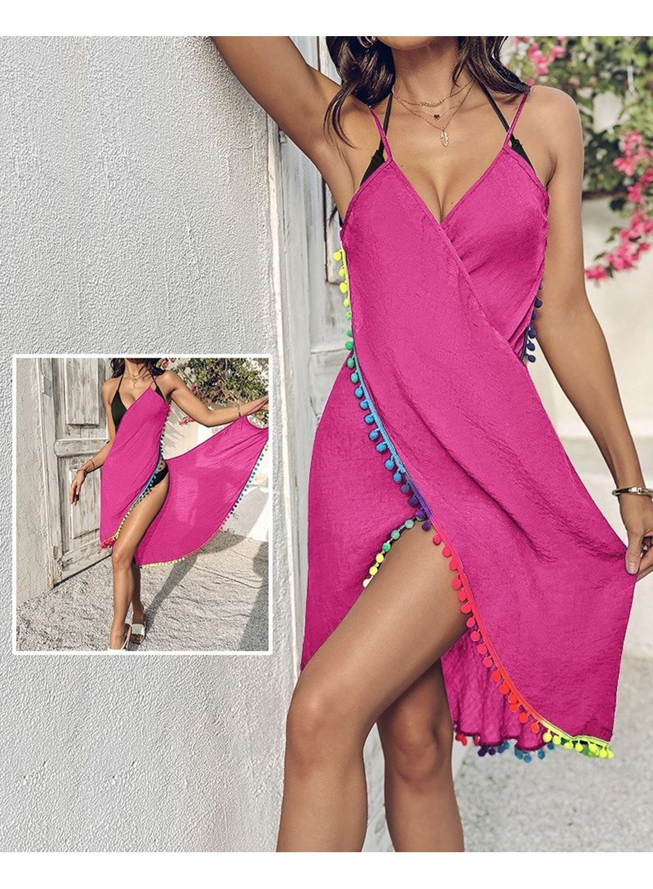 Kadın Askılı Derin V Yakalı çapraz Geçmeli Ponponlu Bürümcük Pareo