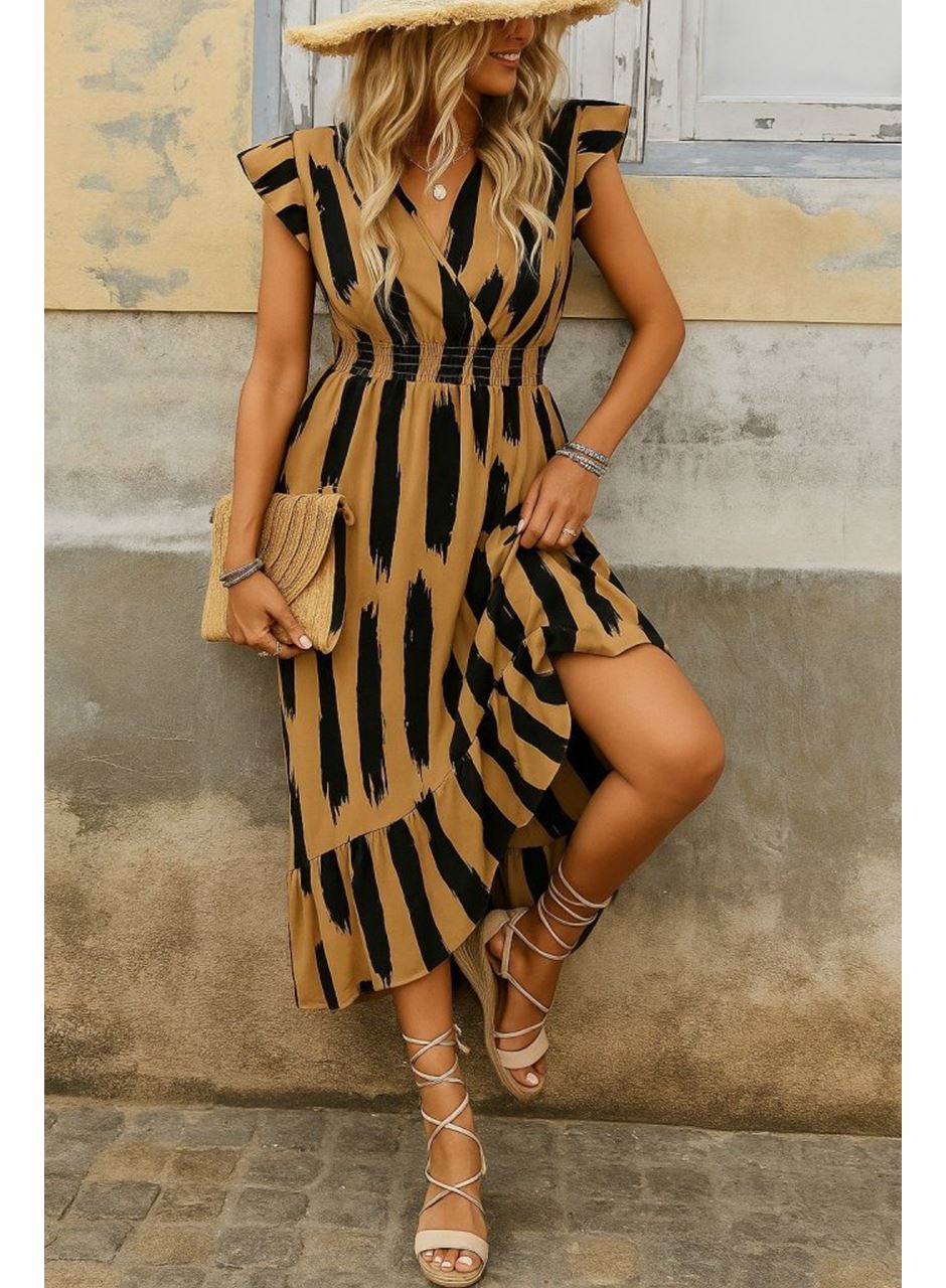 Kadın Kısa Kollu Kruvaze Yakalı Fırfırlı Süprem Elbise