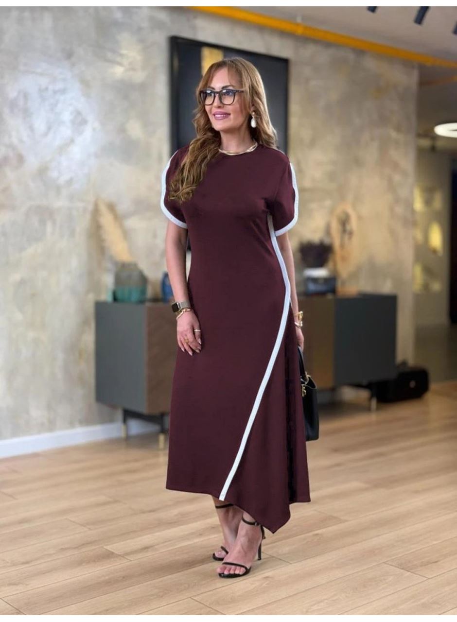 Kadın Kısa Kollu Bisiklet Yaka çift şerit Renk Detaylı Asimetrik Kesim Viskon Iki Iplik Elbise