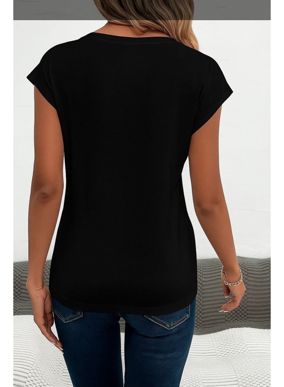 Kadın Kısa Kollu V Yakalı Kalp Desen Viskon Bluz